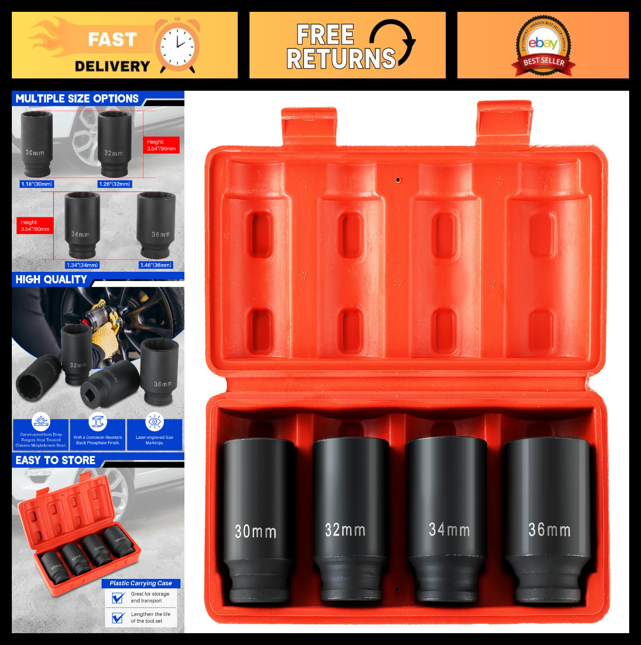 Heavy Duty 1/2″ Drive Deep Impact Socket Set 4PCS – Metric 30mm, 32mm, 34mm, 36m