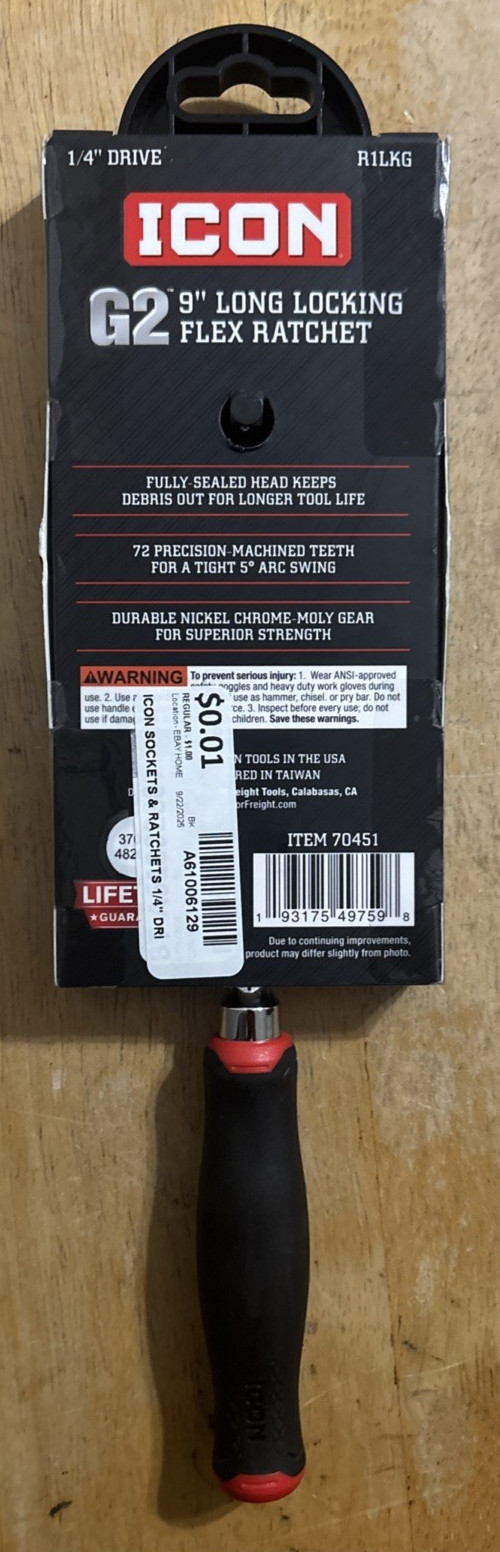 ICON (70451) – 1/4″ Drive G2 9″ Long Locking Flex Ratchet (R1LKG)… FREE S&H!