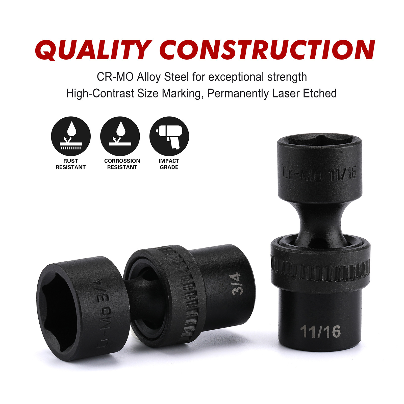 12 Pieces 3/8-Inch Drive Shallow Universal Impact Socket Set SAE, 5/16″-1″ CR-MO