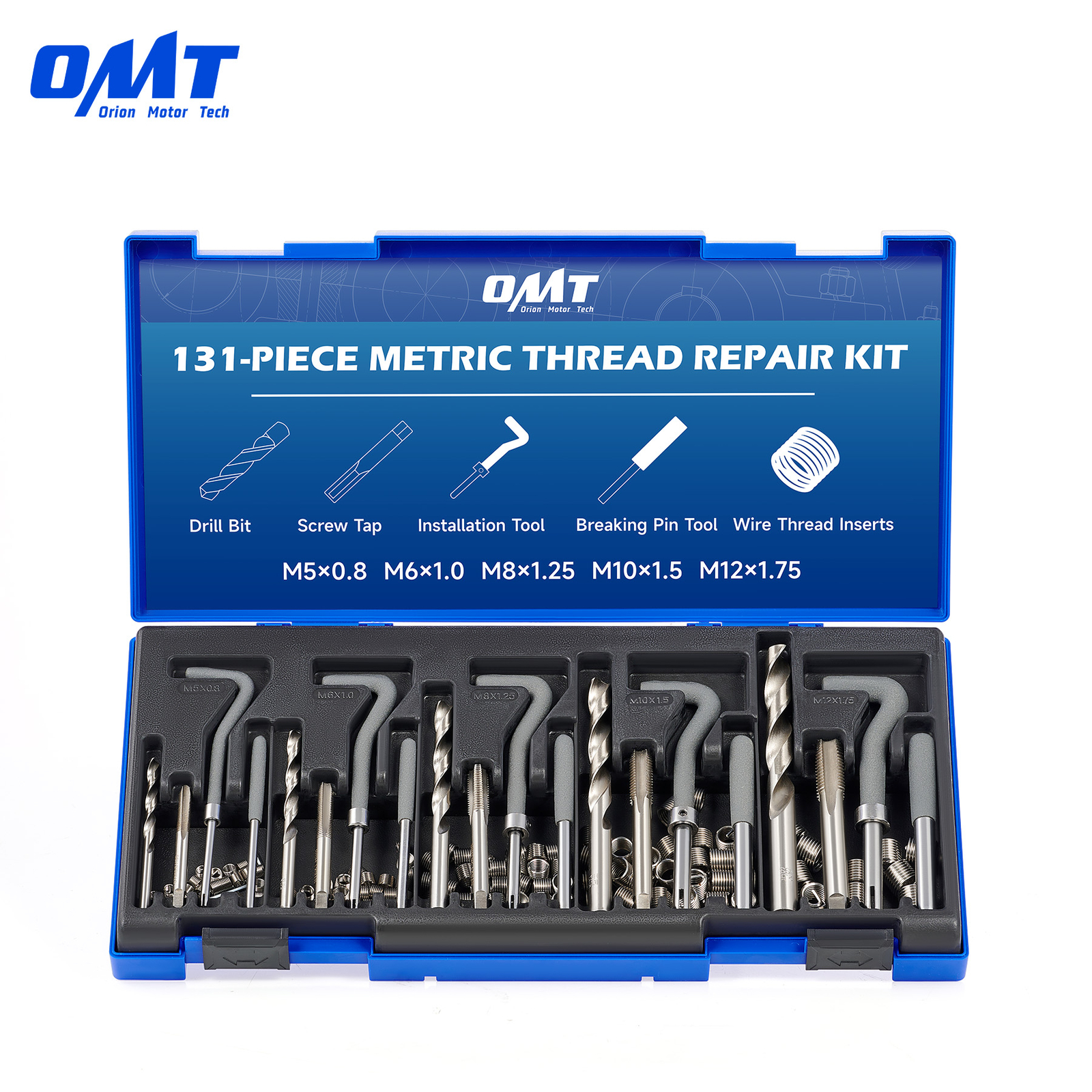 OMT 131pc Thread Repair Kit Helicoil Repair Kit Metric Sizes M5 M6 M8 M10 M12
