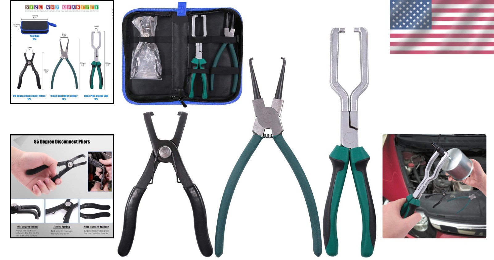 Essential 3-Piece Fuel Line Tool Set: 9-Inch Caliper & 80-Degree Pliers for Cars
