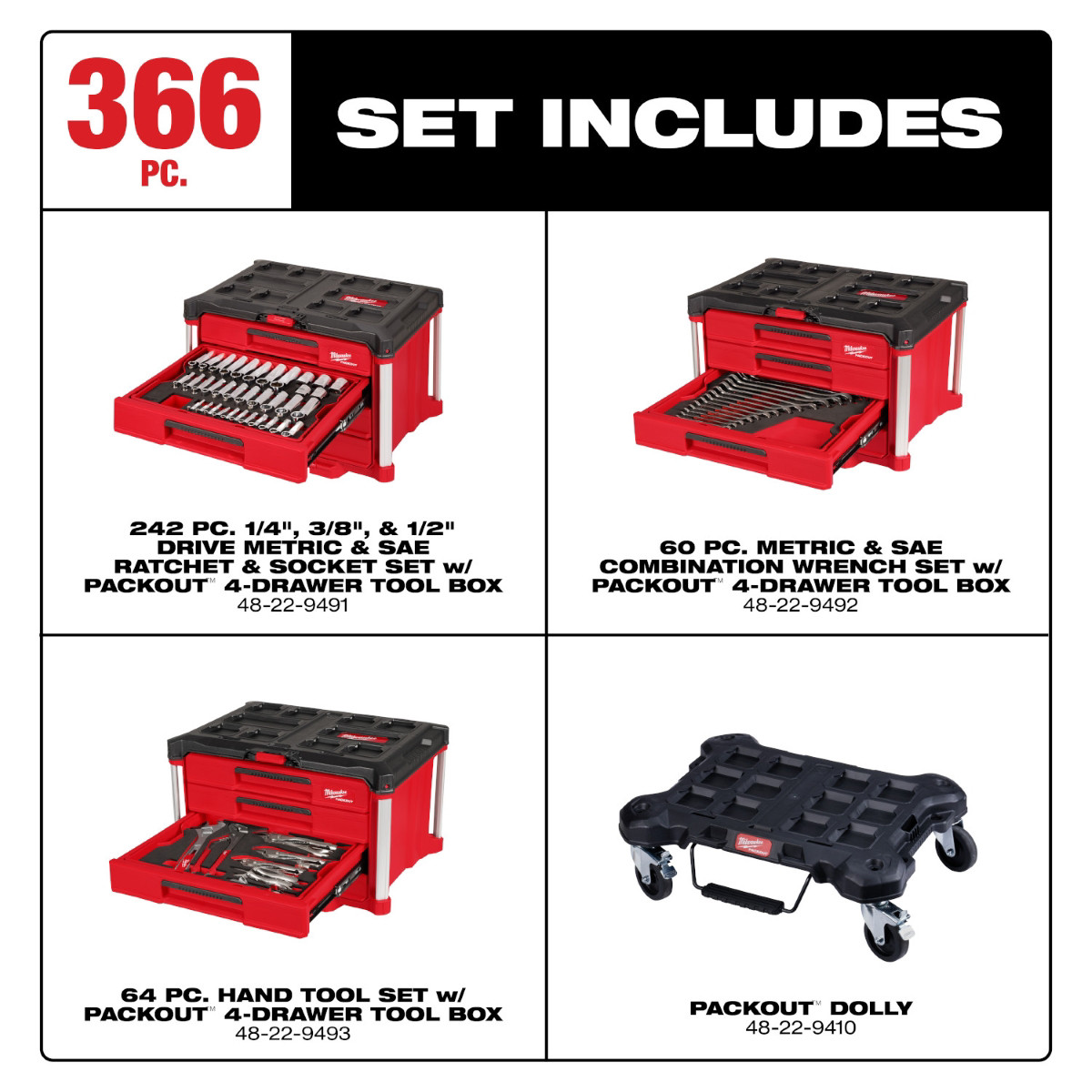 Milwaukee Tool 366 Piece Master Mechanics Hand Tool Set with PACKOUT Drawers and