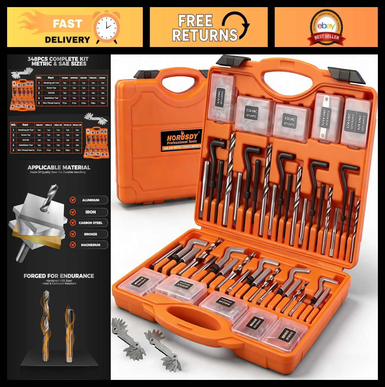 348-Piece Thread Repair Kit – Metric & SAE Helicoil Set with HSS Drill Bits, Tap