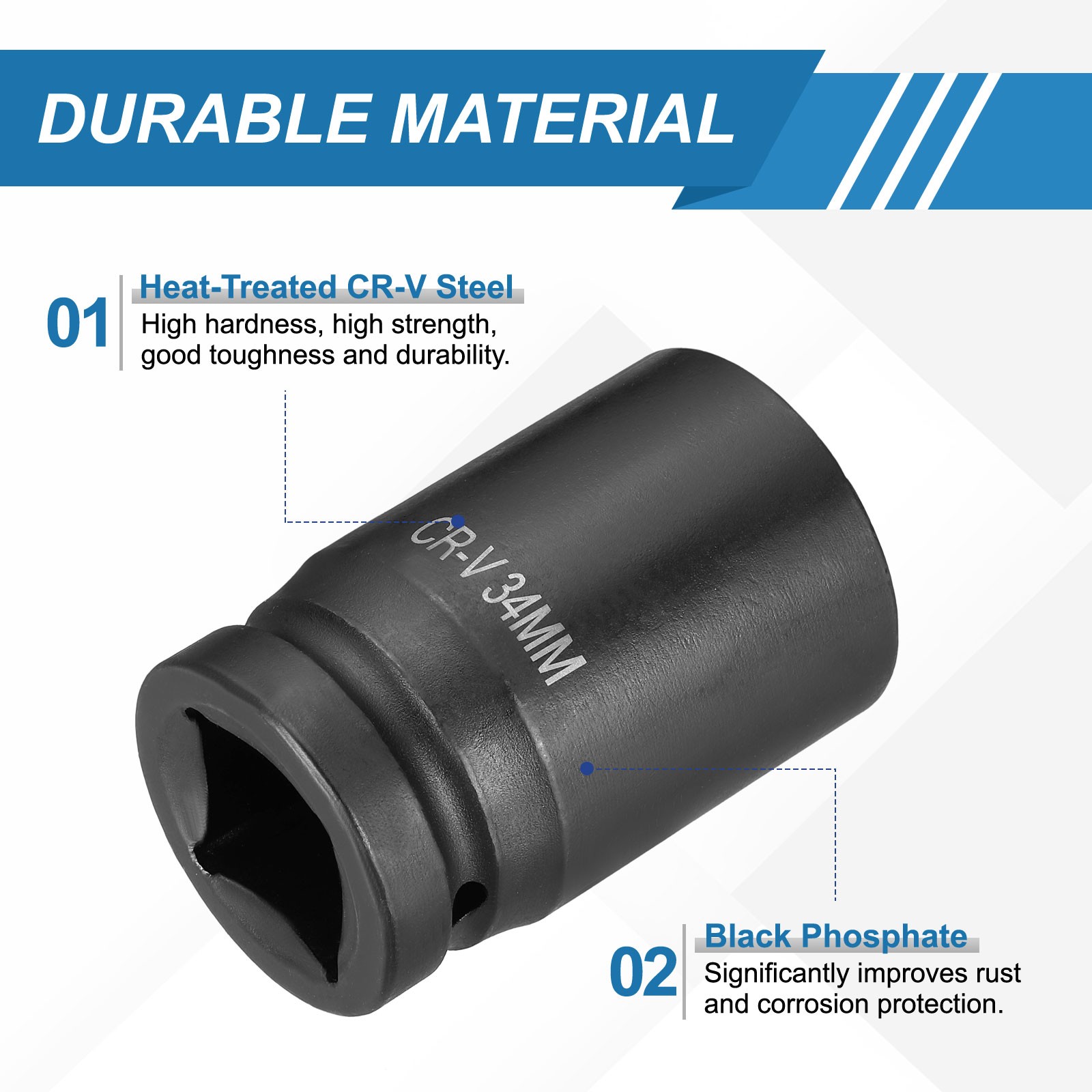 2pcs 1 Inch Drive 34mm 6 Point Impact Socket Chromium Vanadium Steel