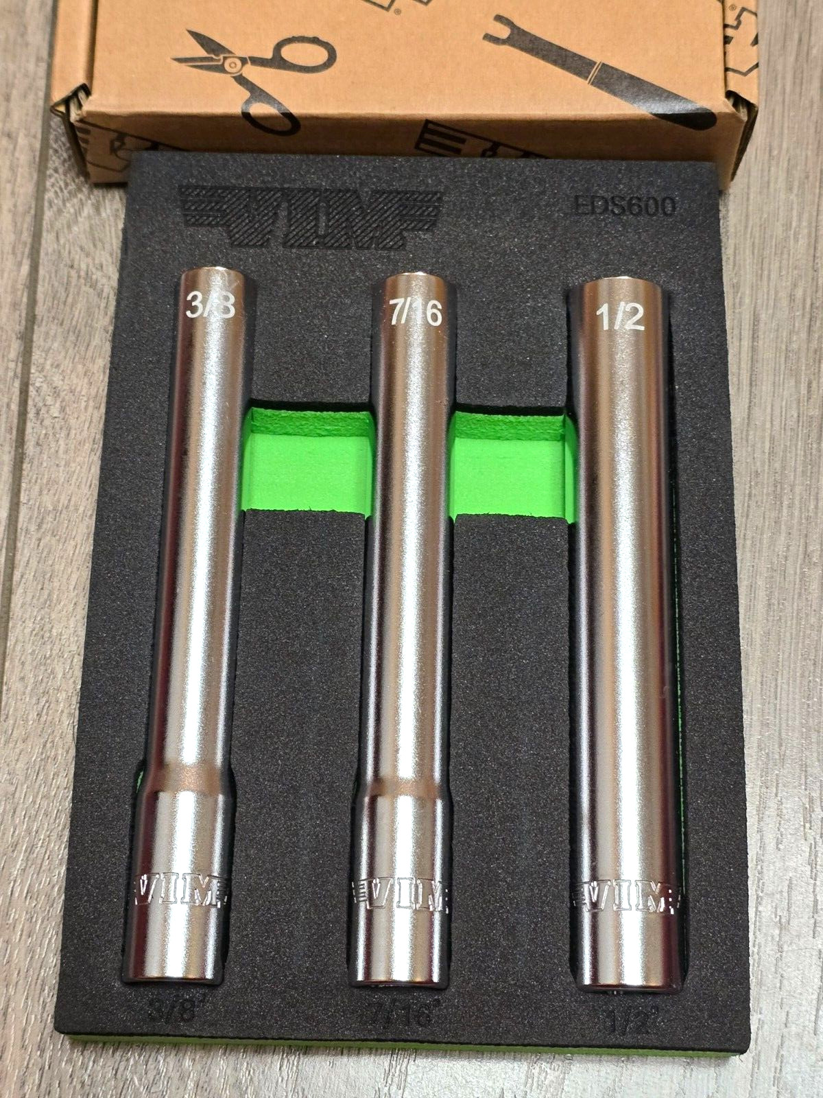 VIM Tools 3pc 3/8″ dr 6 pt Extra Deep SAE Socket Set 3/8, 7/16 & 1/2 #EDS600