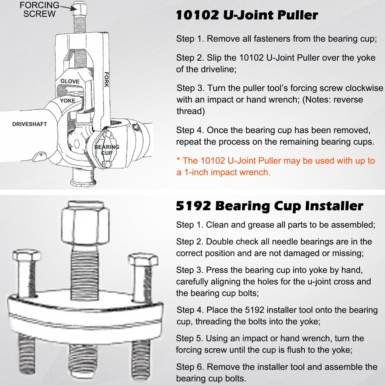 Class 6-8 Heavy Duty 10102 Universal U Joint Puller & 5192 Bearing Cup Installer