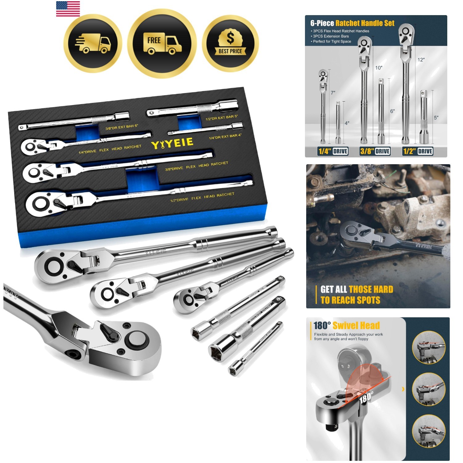 6-Piece Flex Head Ratchet Set, 1/4″, 3/8″, 1/2″ Drive, Swivel Head Ratchet Wr…