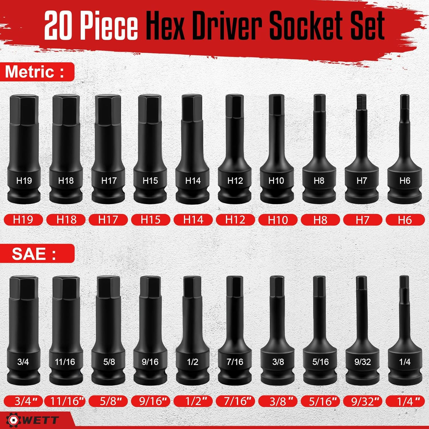 1/2″ Drive 20pc Impact Hex Bit Socket Set SAE & Metric CR-V Steel