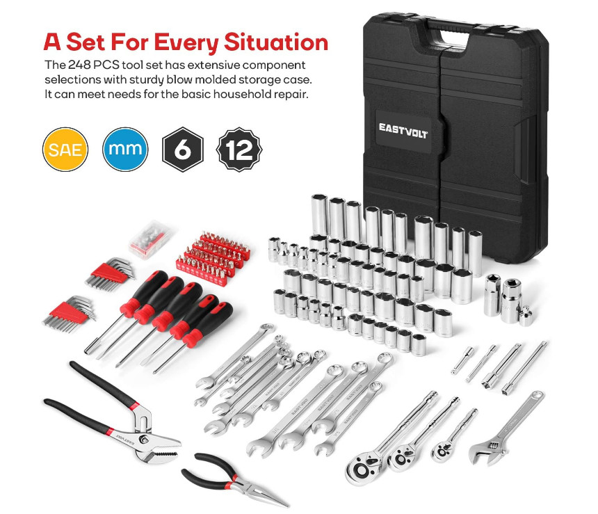 248-Piece Auto Repair Tool Kit, Mixed Sockets & Wrenches Hand Tool Set w/ Case
