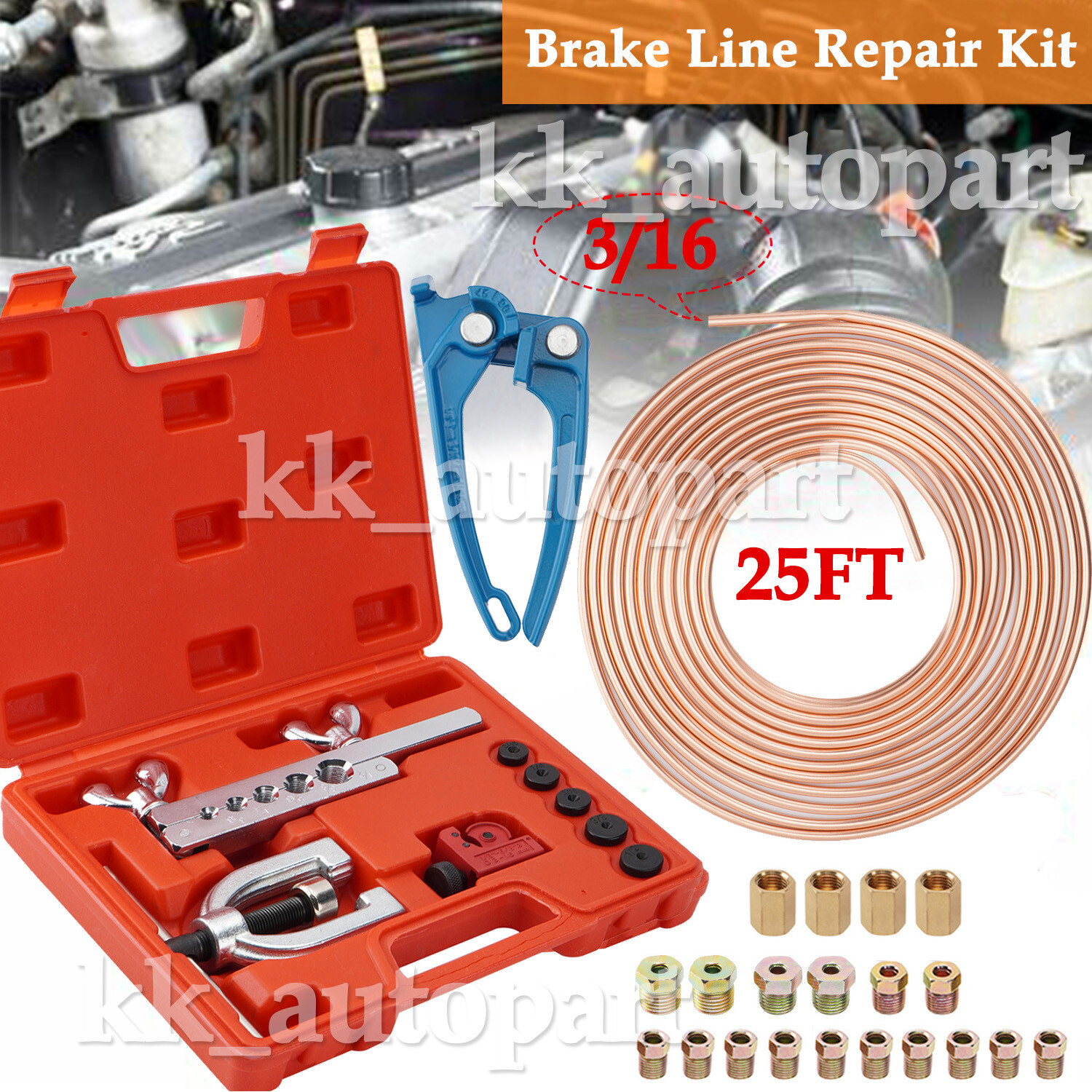 25 ft 3/16 Copper Coated Brake Line Flaring Tool Tube Bender + 20 Fittings Nuts