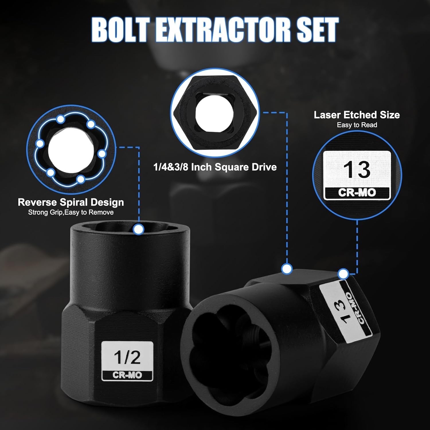 34-Piece 1/4″&3/8″ Drive CR-MO Bolt Extractor Set for Damaged Rusted Bolts Nuts