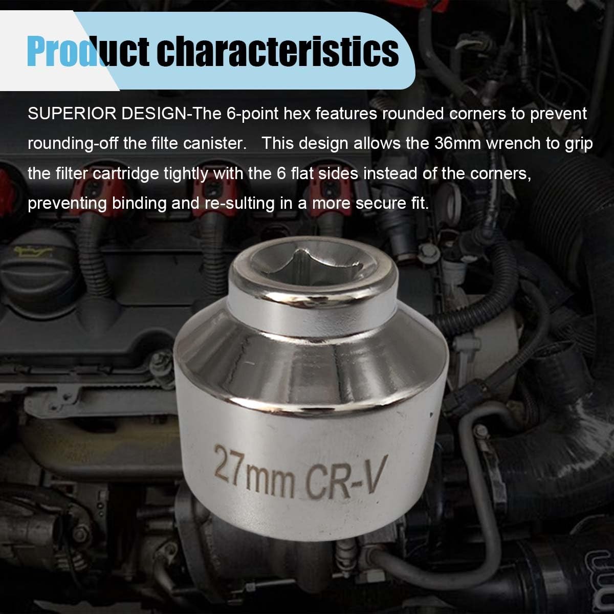 BDZMC 27mm Oil Filter Wrench, 3/8″ Drive Socket 6 Point 27 mm, Silver