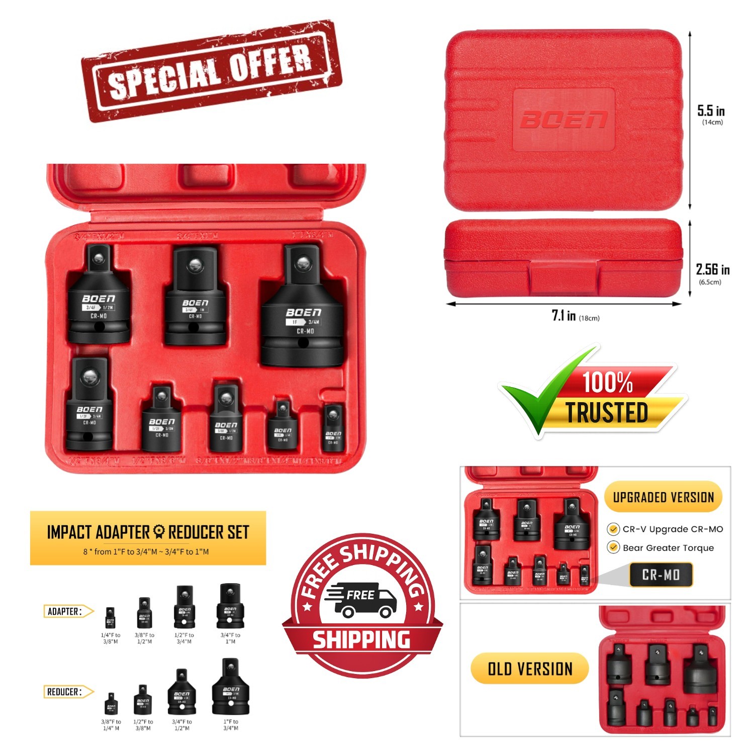 8-Piece Socket Adapter and Reducer Set with Corrosion Resistance Coating