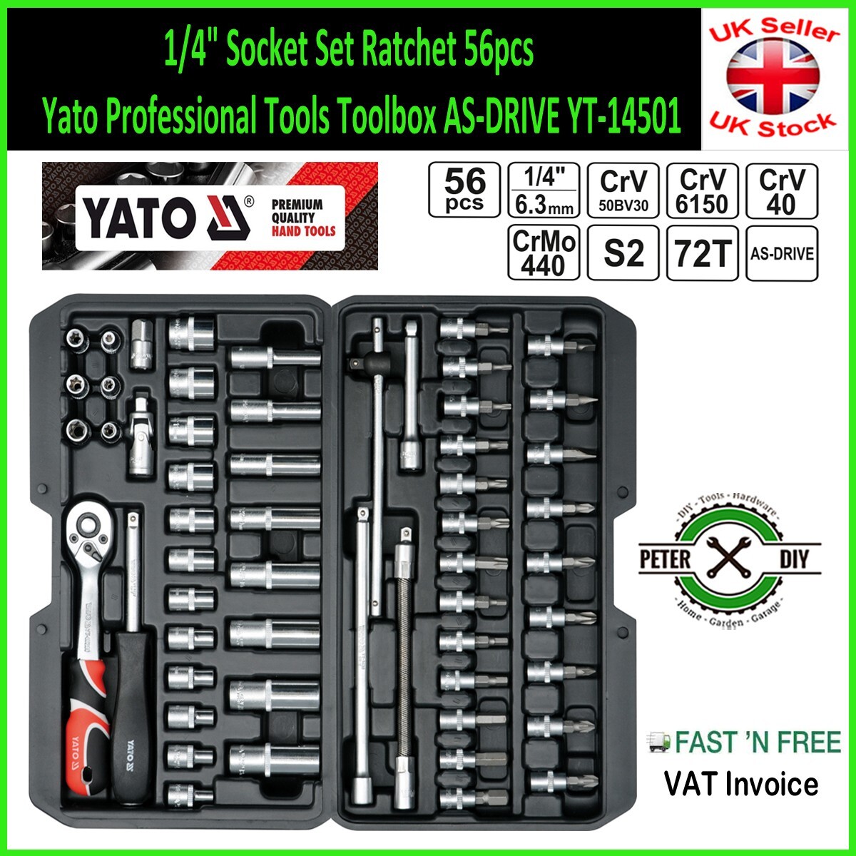 1/4″ Socket Set Ratchet 56pcs Yato Professional Tools Toolbox AS-DRIVE YT-14501