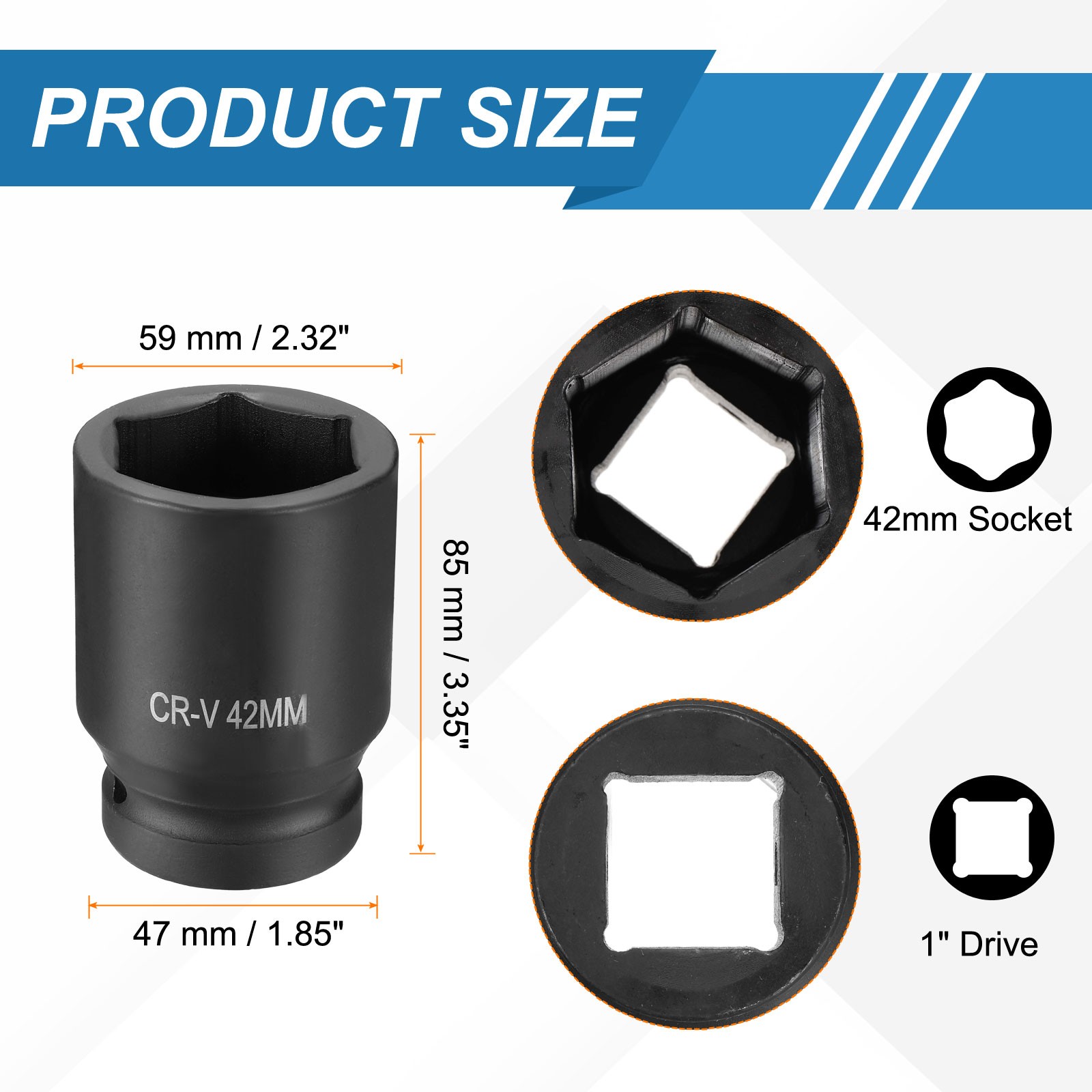 1 Inch Drive 42mm 6 Point Impact Socket Chromium Vanadium Steel