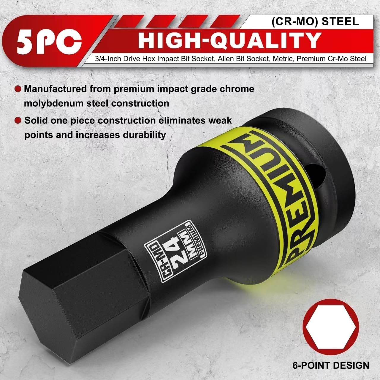 3/4″ Drive Impact Hex Bit Socket Set, Metric,14mm, 17mm, 19mm, 22mm, 24mm, Im…