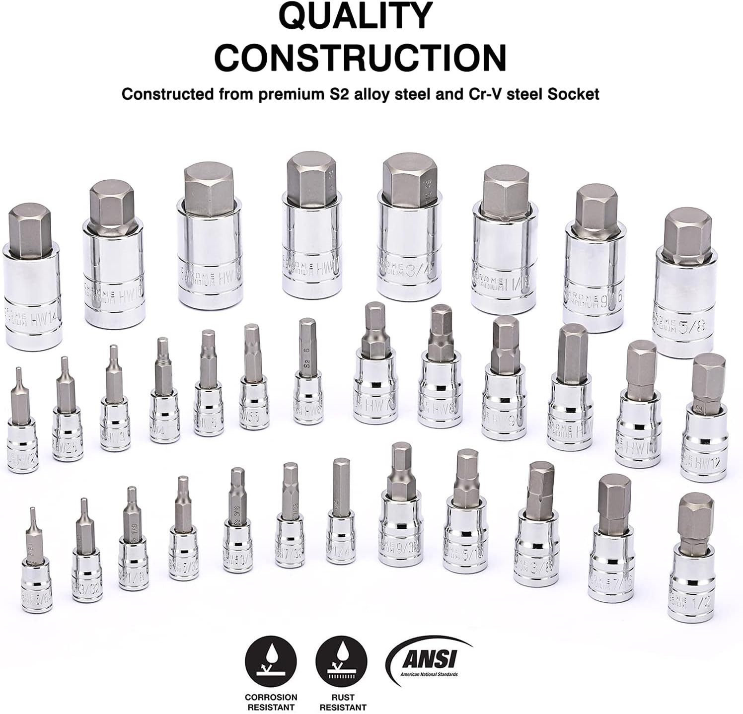 33-Piece S2 Steel Hex Bit Socket Set with Mirror Chrome Finish – SAE & Metric