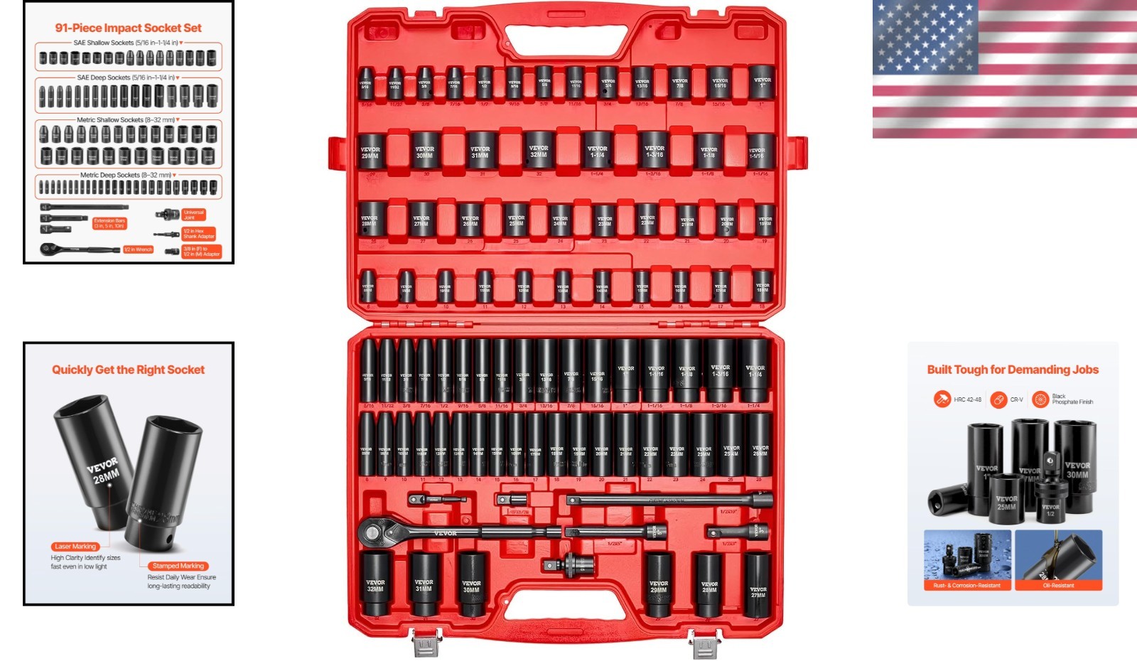 Pro-Grade 91-Pc 1/2″ Drive Socket Set, SAE & Metric, Ratchet