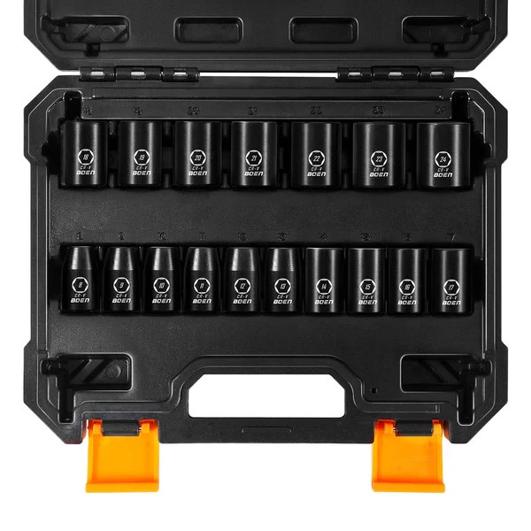 BOEN 17 PCS 1/2″ Dr Shallow Impact Socket Set Metric (8-24mm), 6-Point, CrVSteel