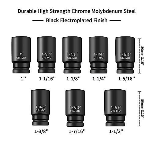 3/4″ Drive Deep Impact Socket Set, 6-Point SAE (1″ to 1-1/2″), 8 Pcs Cr-Mo Heavy