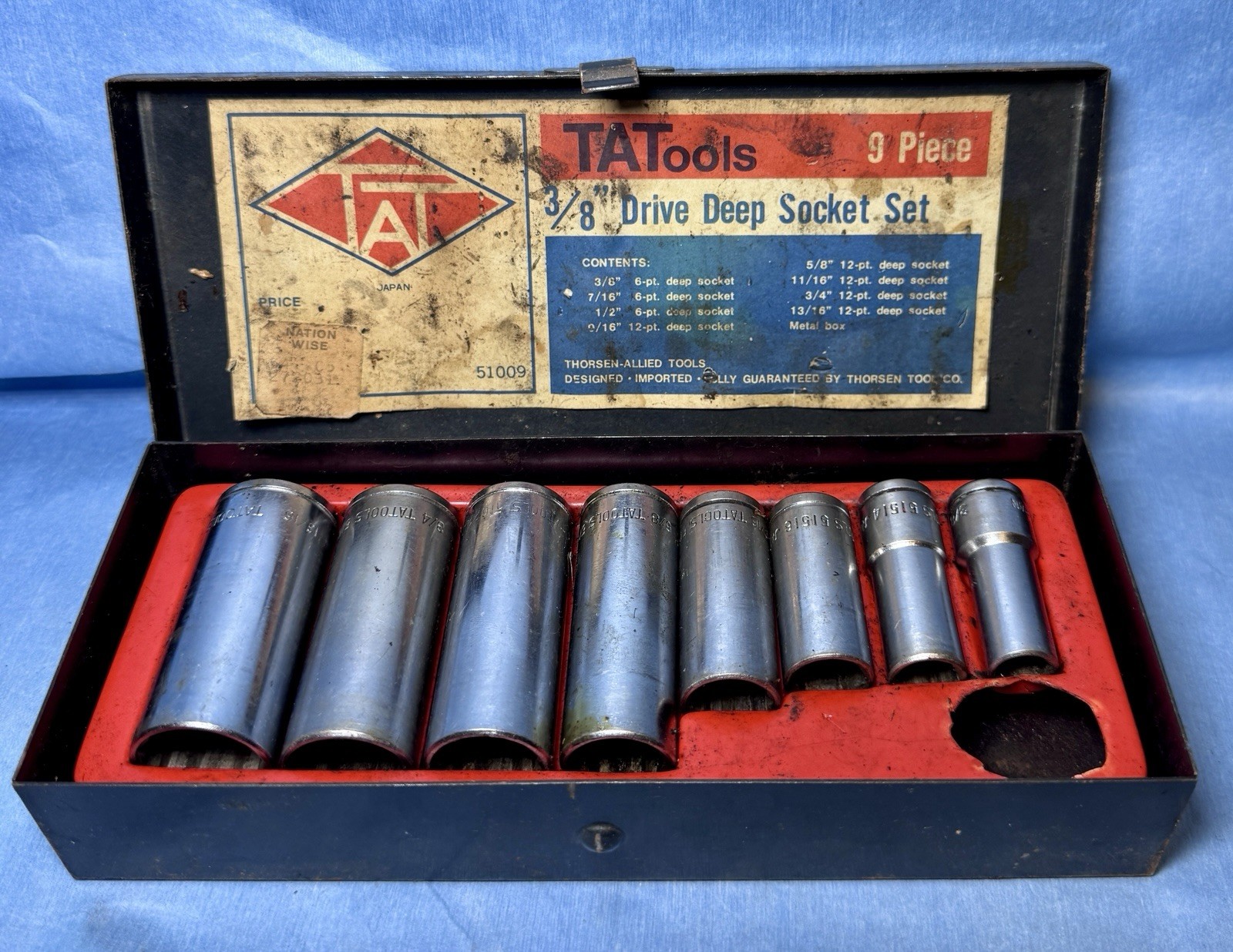 Vintage Tatools (Thorsen Tool) 3/8″ Drive 9 Pc Deep Socket Set + Case Japan