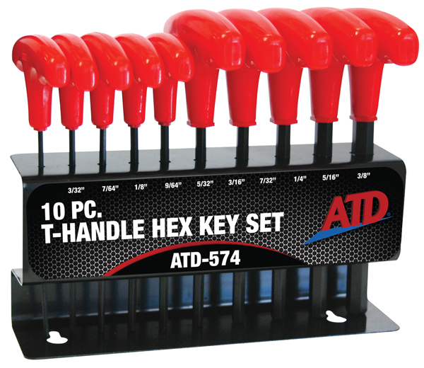 New! ATD 10pc SAE T-Handle Hex Key Set with Rack #574