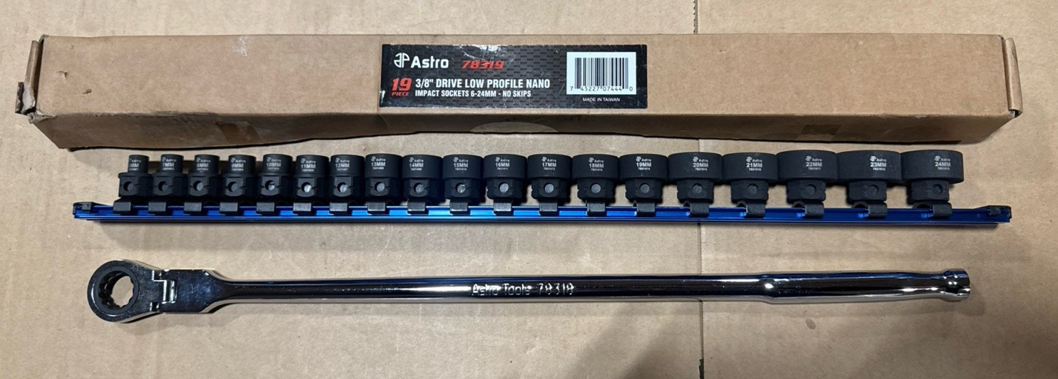 Astro Tools 19pc 3/8” Drive Nano Socket Set & Extra-Long Flex Head Wrench Metric