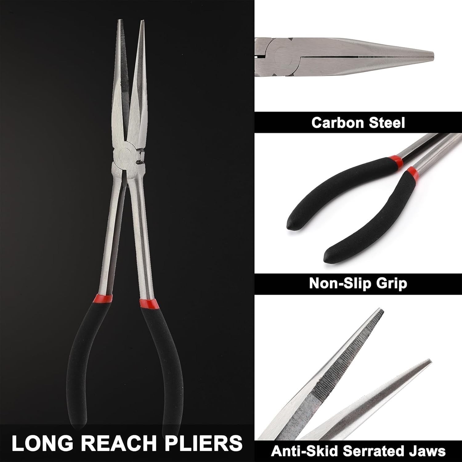 6PCS Extra Long Reach Pliers Set, 11″ Straight,45 and 90 Bent Nose, 5/16″, 1/2″