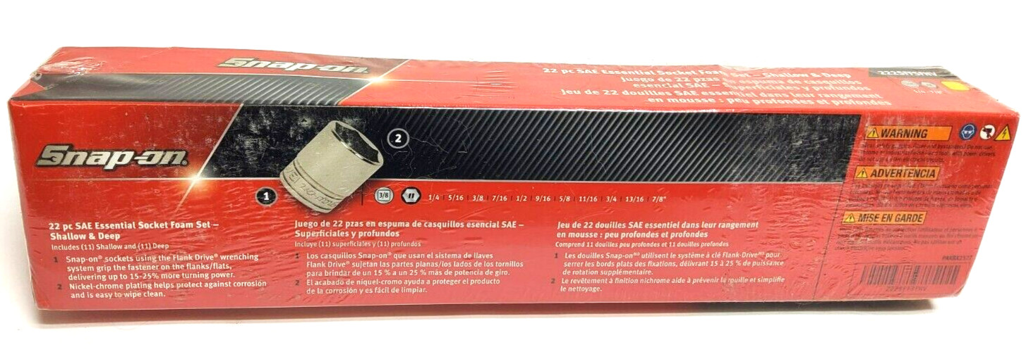 New Snap-on 3/8″ drive 1/4″ thru 7/8″ 22pc 6-point Shallow Deep Socket 222SFFSHV