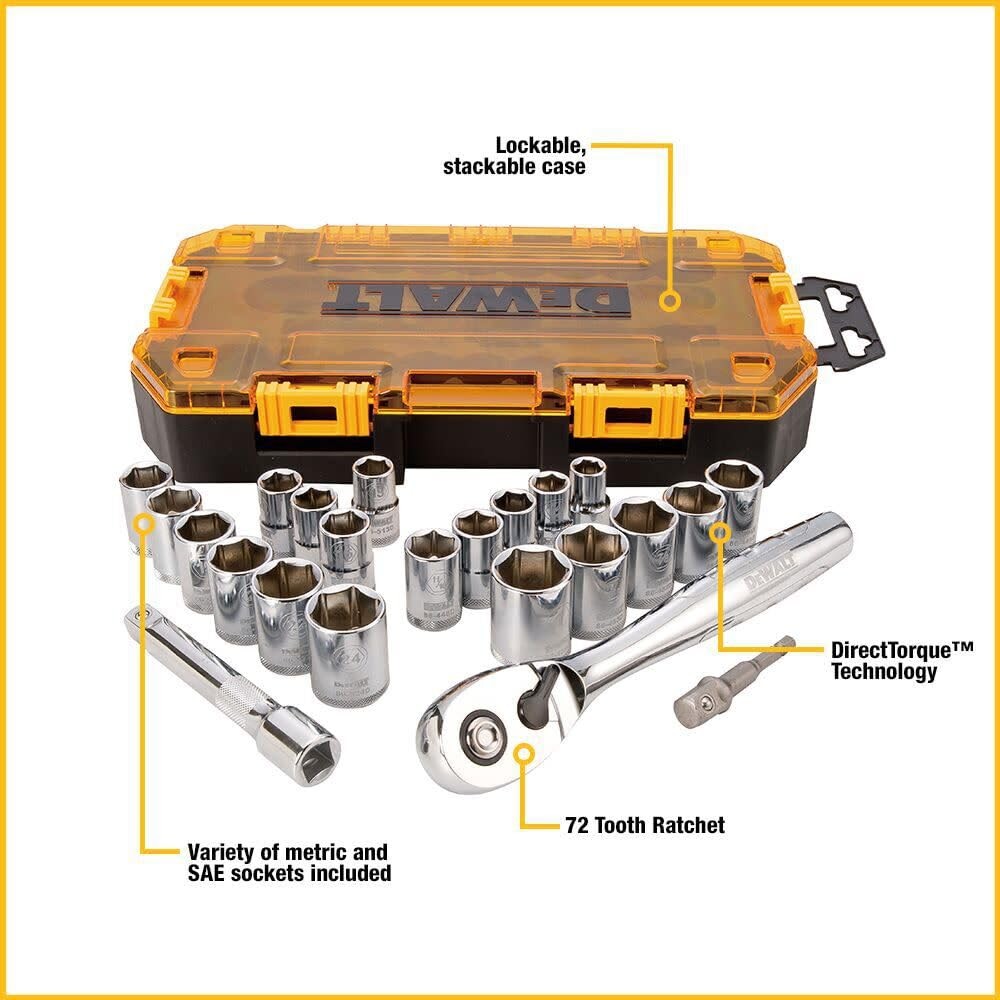 23 Piece Socket Set 1/2 Drive SAE Metric 72 Tooth Ratchet Lockable Case Tool Kit