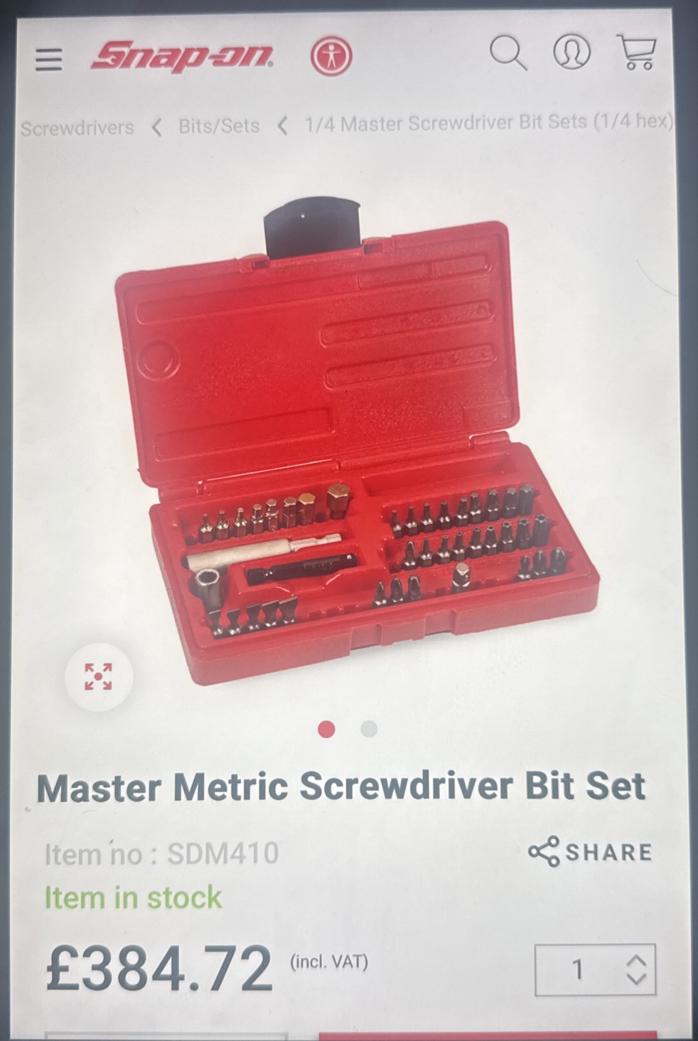 Snap-On Insert Bit Set SDM410 with PB900 CASE £385 List