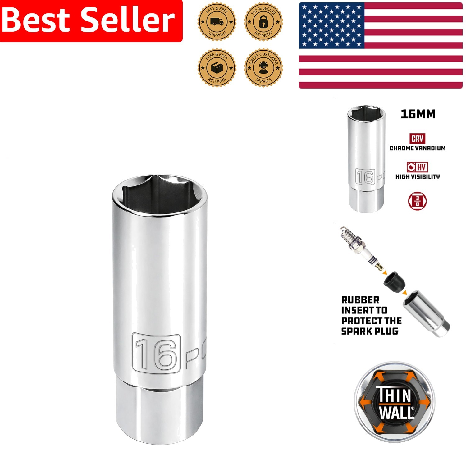 3/8 Drive 16mm Spark Plug Socket Chrome Vanadium Steel Rubber Insert