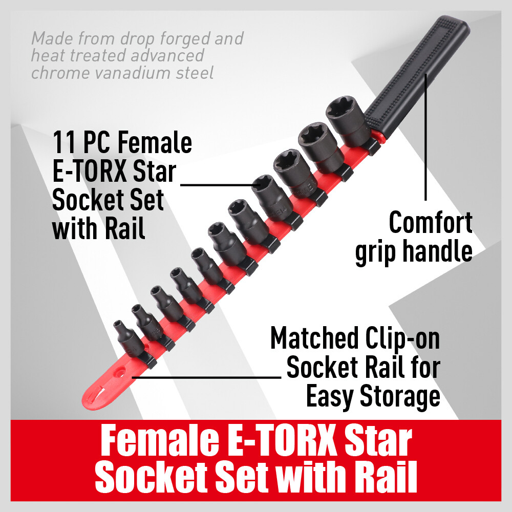 11Pc Female E-TORX Star Socket Set E4 – E20 With Single Handle Socket Organizer