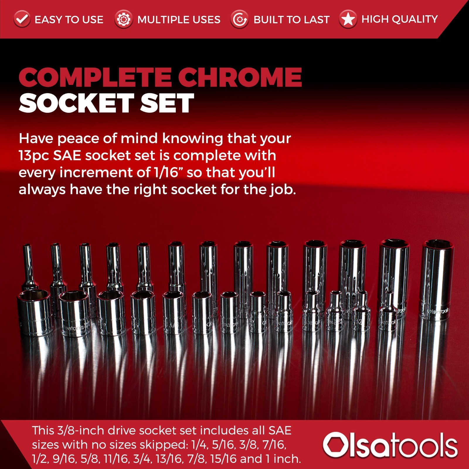 13pc SAE Shallow Socket Set – 3/8″ Drive, 6-Point Chrome Sockets, No Skipped Siz