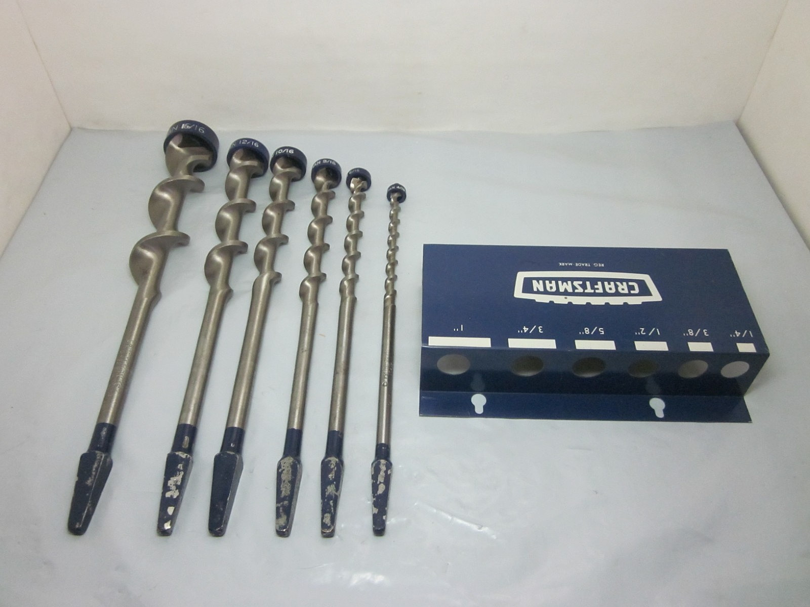 Vtg Craftsman Set Of 6 Auger Drill Bits W/Metal Wall Mount 1/4″ to 1″ USA