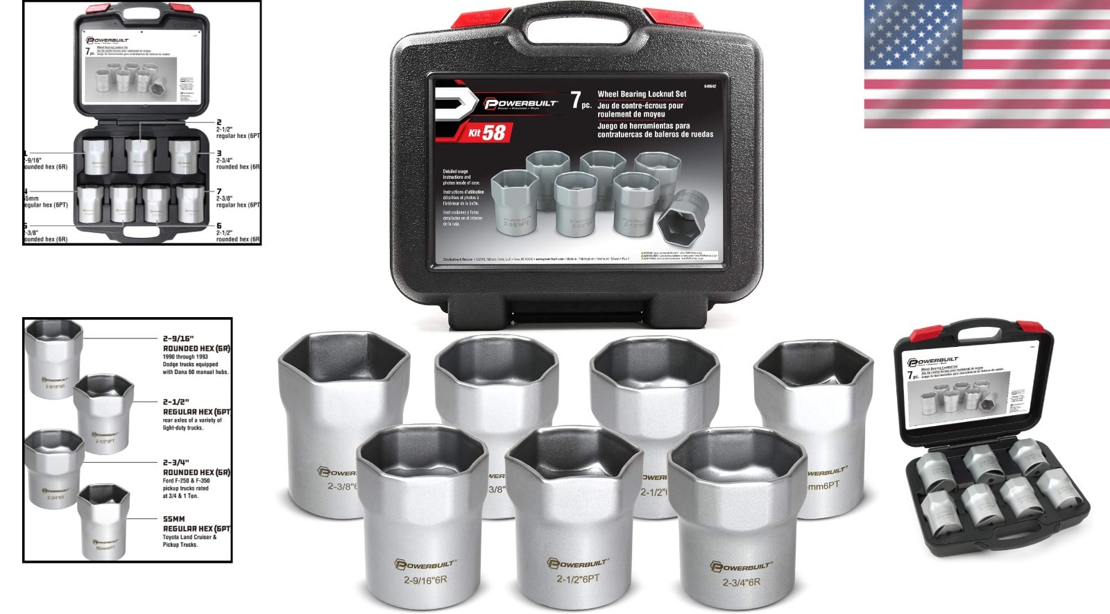 7-Piece Wheel Bearing Socket Set, Hex & Rounded Hex, Silver