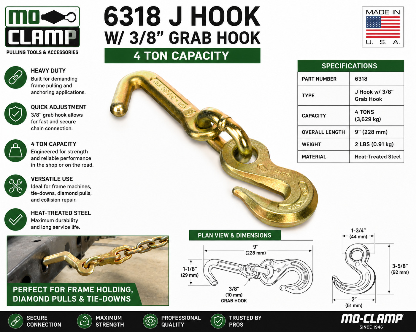 MO-CLAMP 6318 J Hook with Grab Hook 4 Ton Collision Repair Tie Down