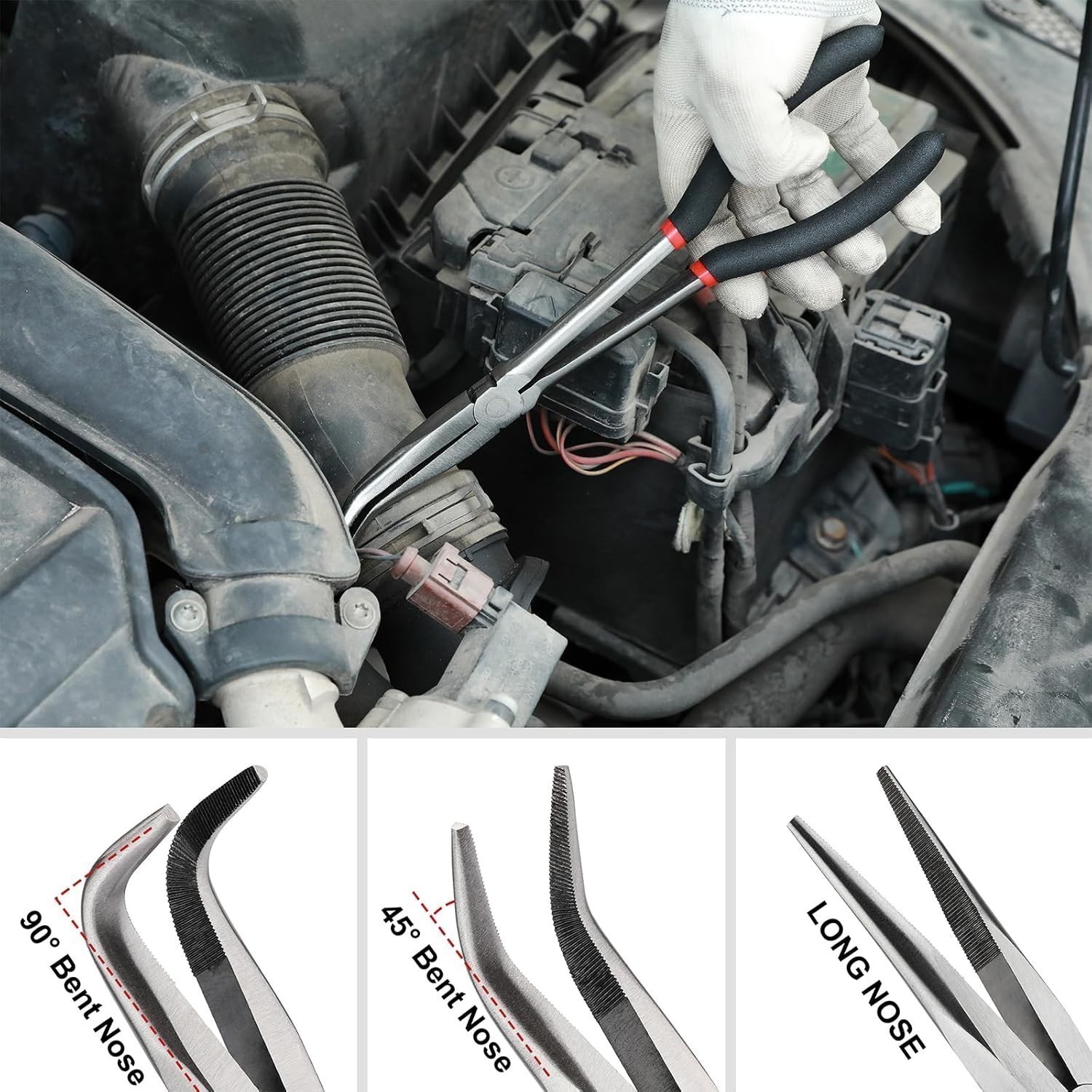 6PCS Extra Long Reach Pliers Set, 11″ Straight,45 and 90 Bent Nose, 5/16″, 1/2″