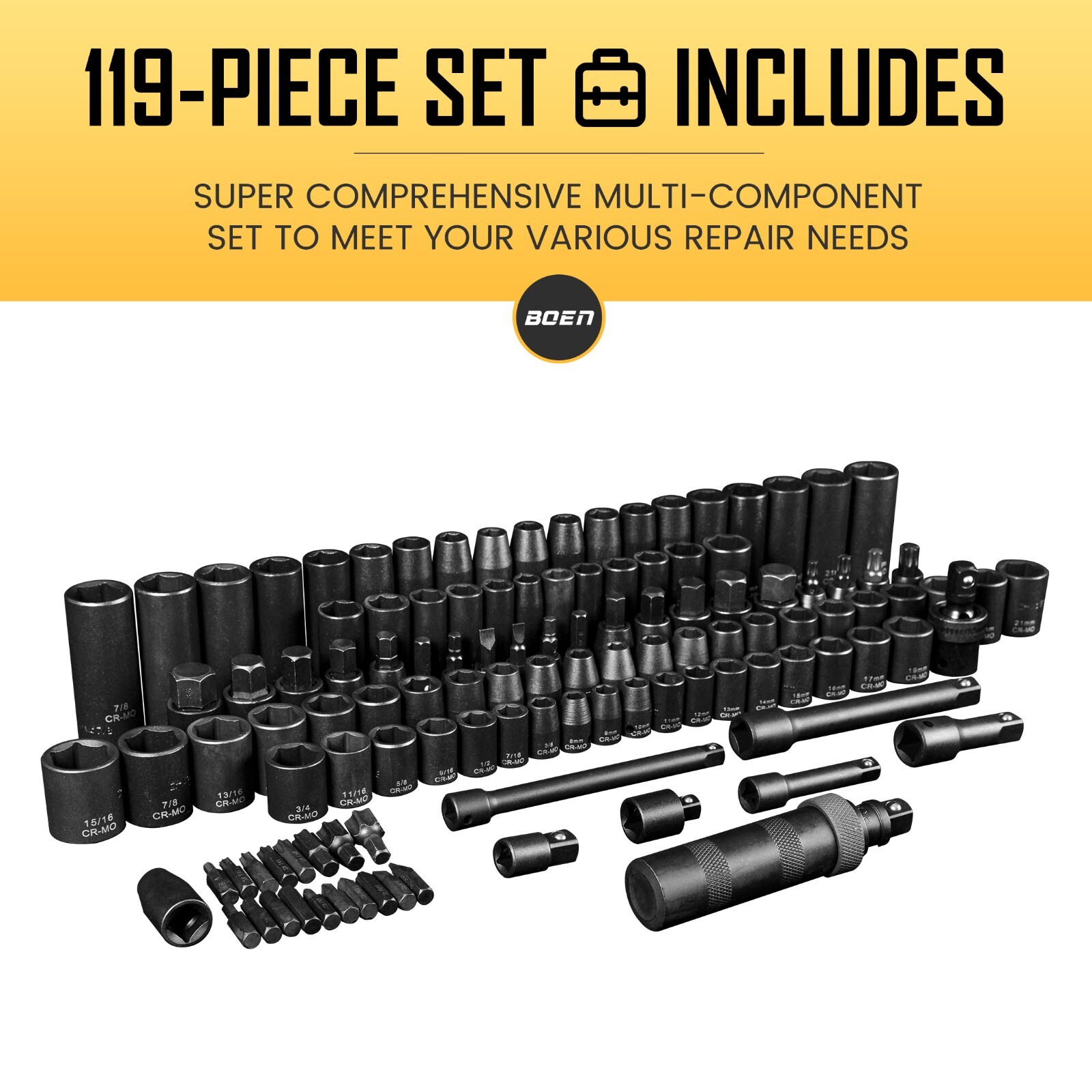 119 Piece Impact Socket Set, 1/2″3/8″ Drive,Deep/Shallow,SAE/Metric,6 Point