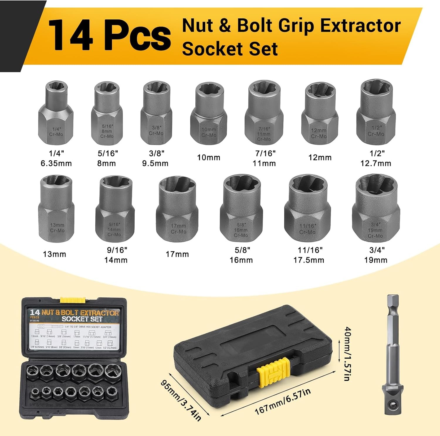 14pc Impact Bolt & Nut Remover Set 3/8″ Drive Bolt Extractor Tool Kit With Case