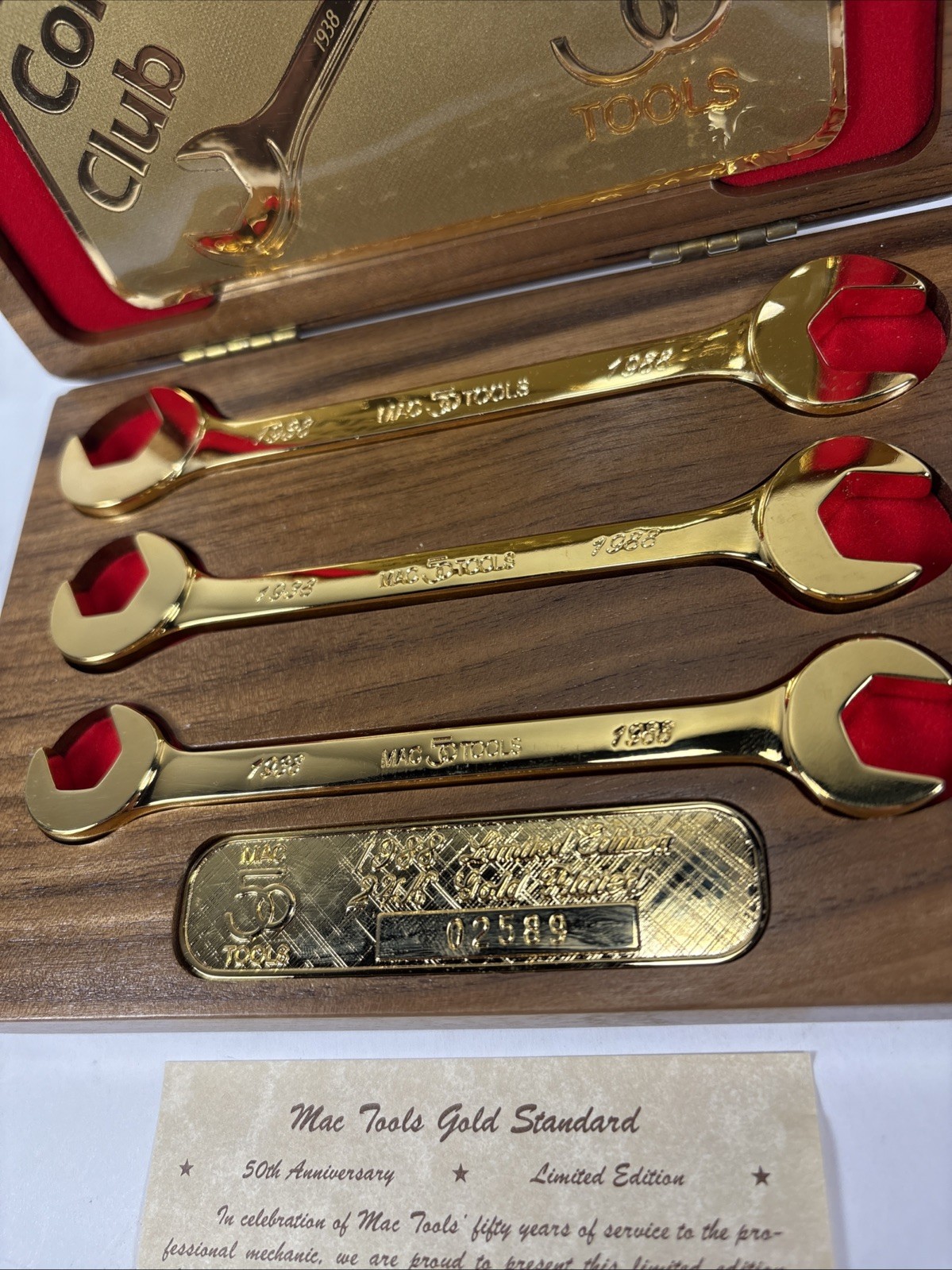 24kt Gold 1988 50 year Anniversary Mac Tools Collector’s Club 3 Piece Wrench Set