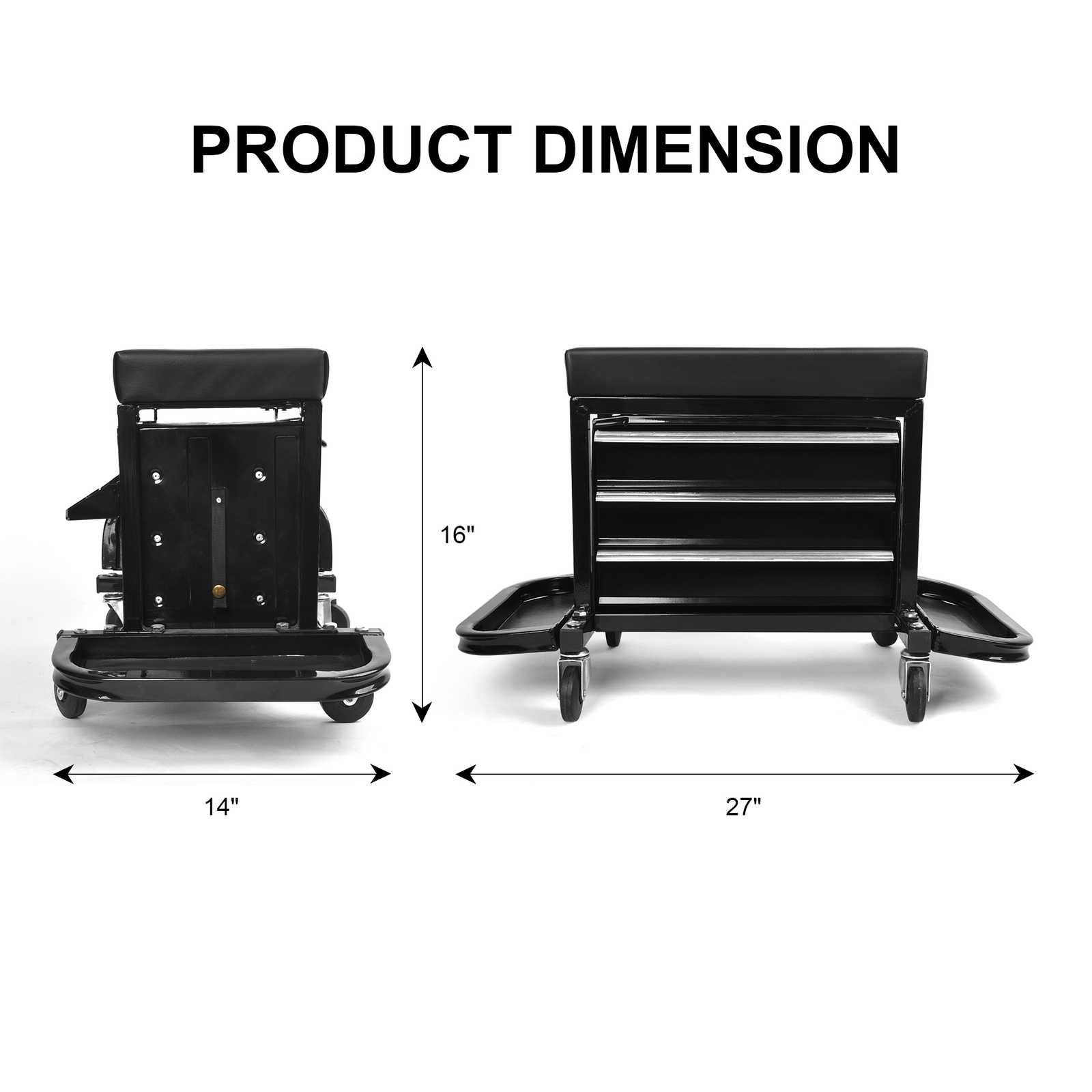 Mechanics Roller Work Seat w/ 3-Drawer Tool Box Storage Tray Padded Stool Black