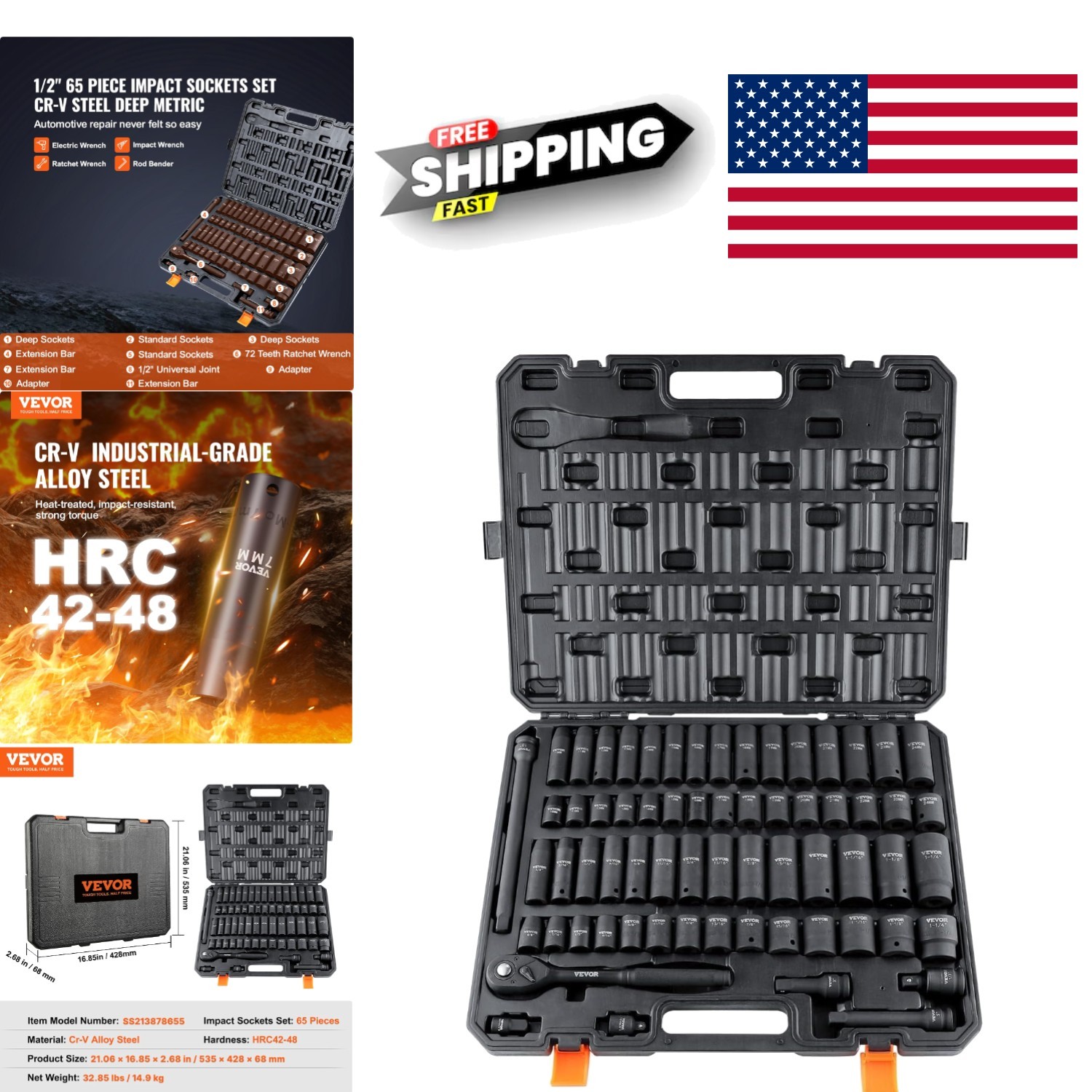 Durable 65 Piece Impact Socket Set with Toolbox and Easy Size Identification