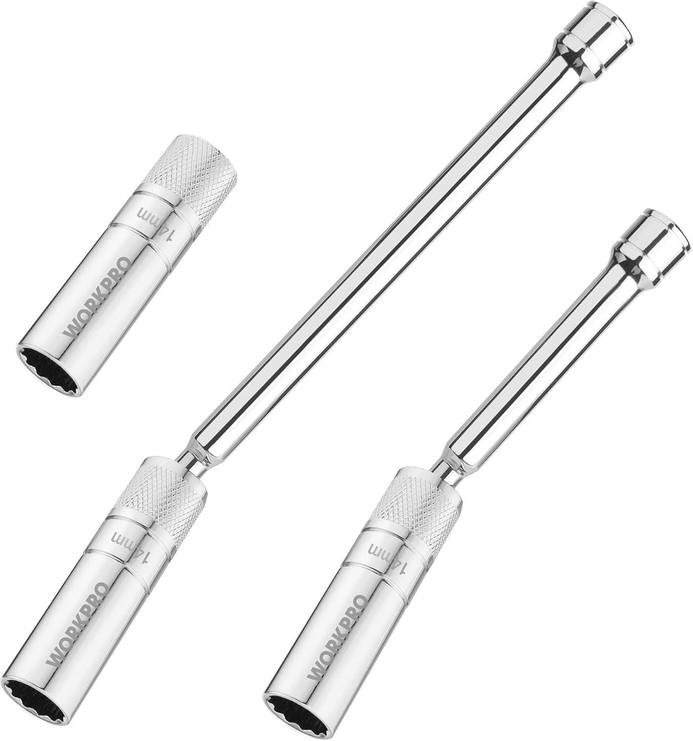 3PC 14mm Spark Plug Socket Set with Magnetic Swivel and 6-10 Inch Extensions