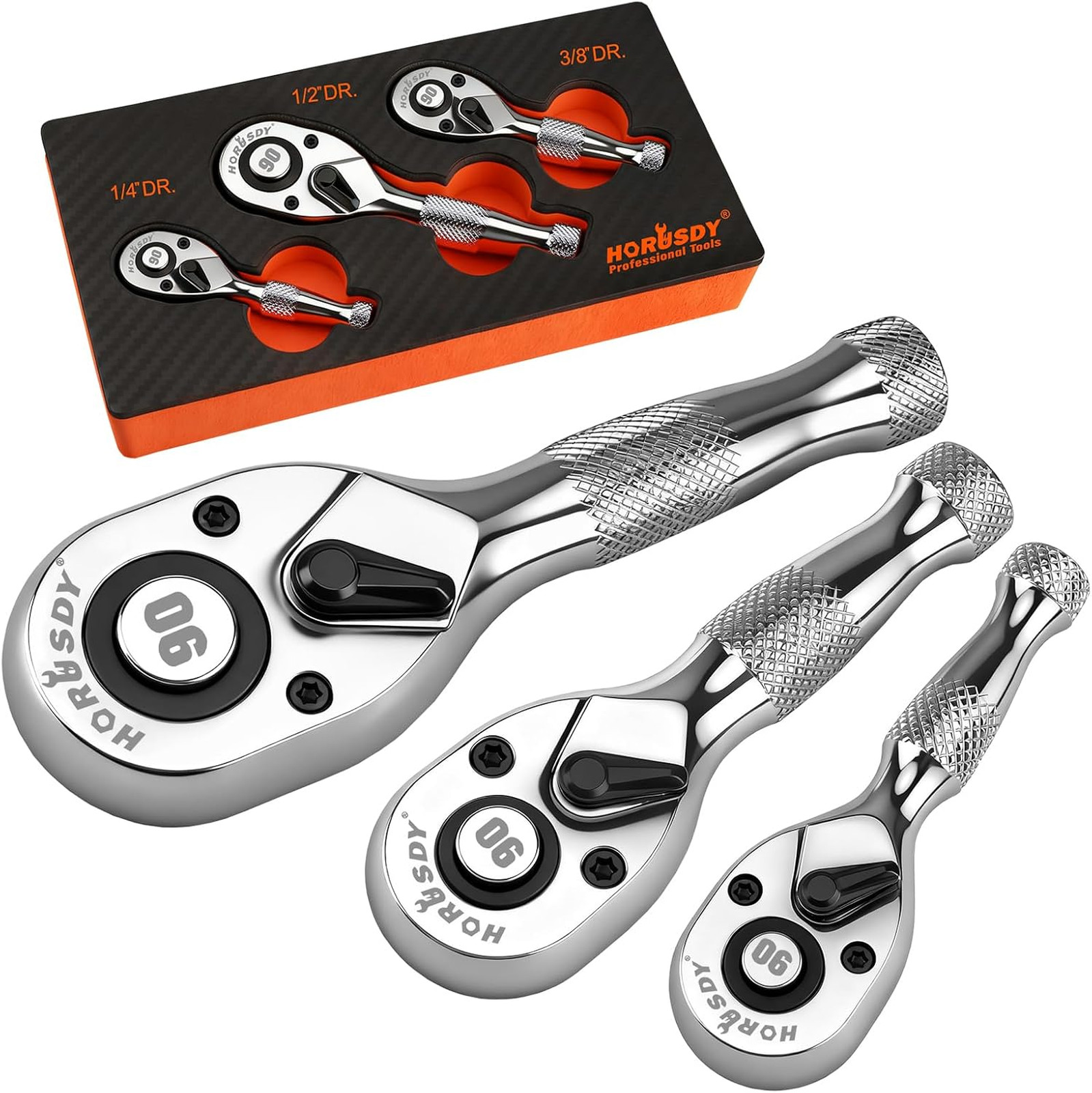 3 Piece Stubby Ratchet Handle Set 90 Tooth Chrome Drive Small Socket Wrench