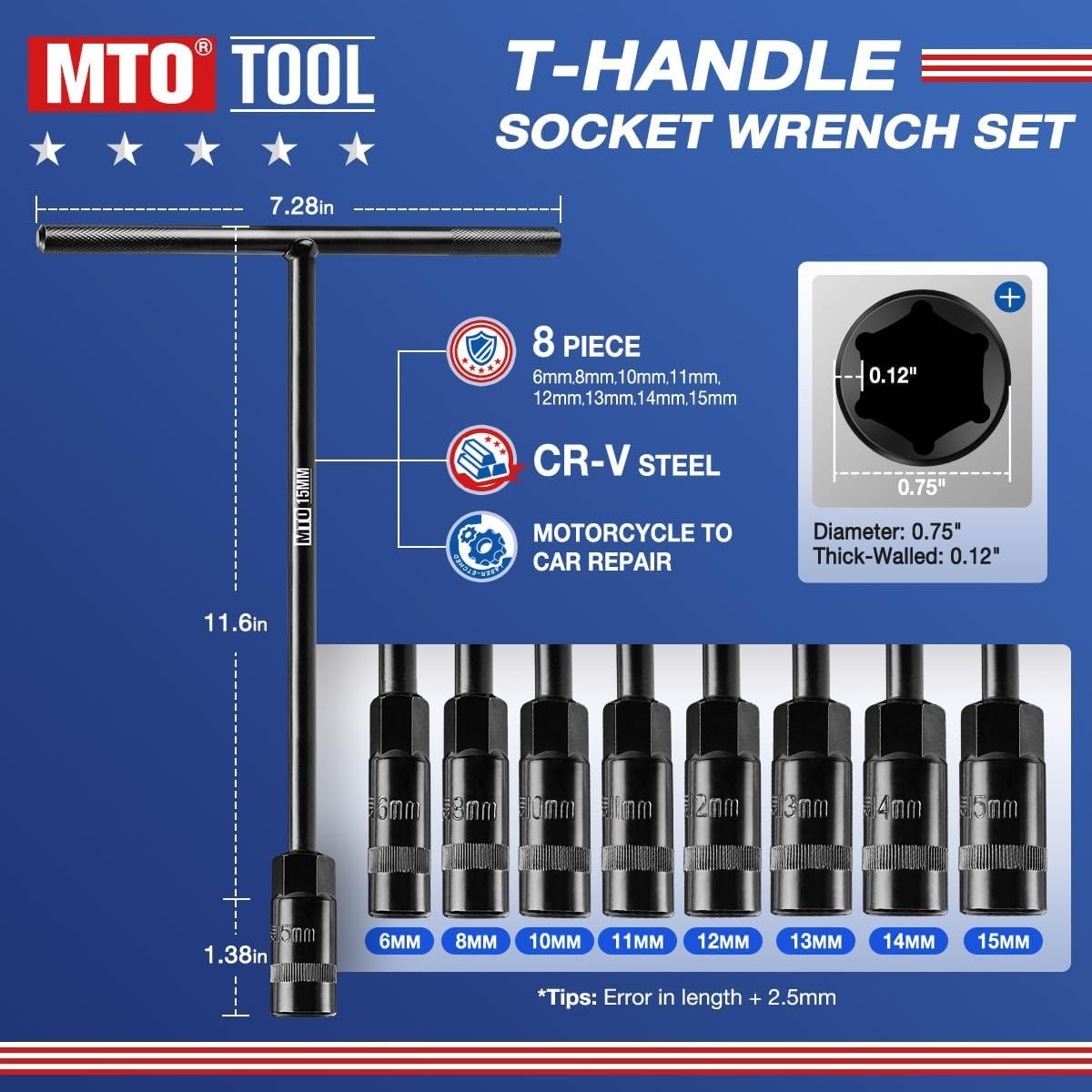 MTO T-Handle Metric Socket Wrench Set, 6-Point (6, 8, 10, 11, 12, 13, 8Pack