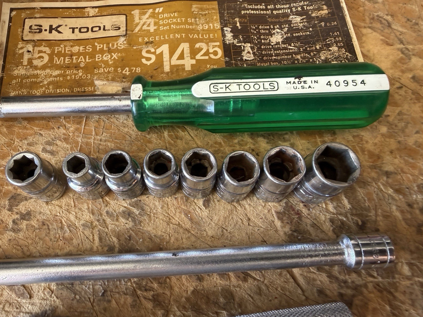 S-K Tools No. 4915 1/4” Drive Socket Set All S-K USA Green Spinner Handle