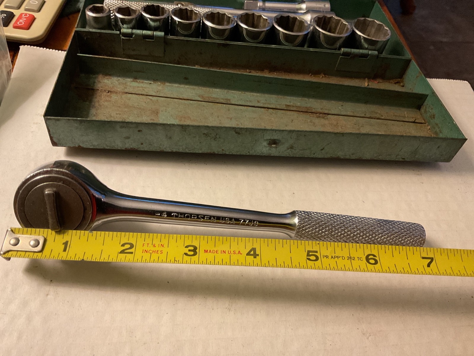 VINTAGE THORSEN USA 13 PIECE 3/8 DRIVE SOCKET SET IN METAL BOX