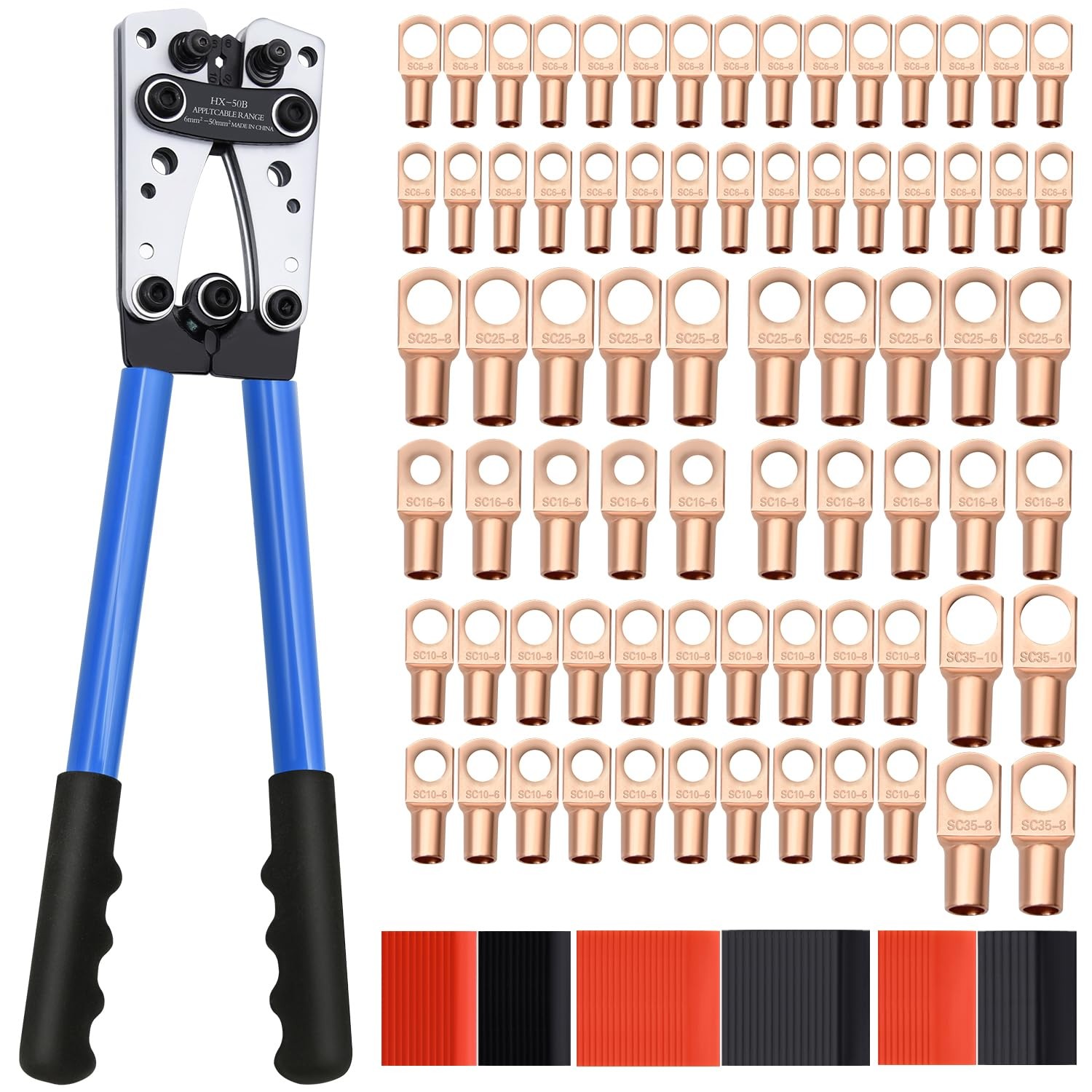 Cable Lug Crimping Tool with 74pcs Copper Wire Lugs, 100pcs Dual Silver/Grey