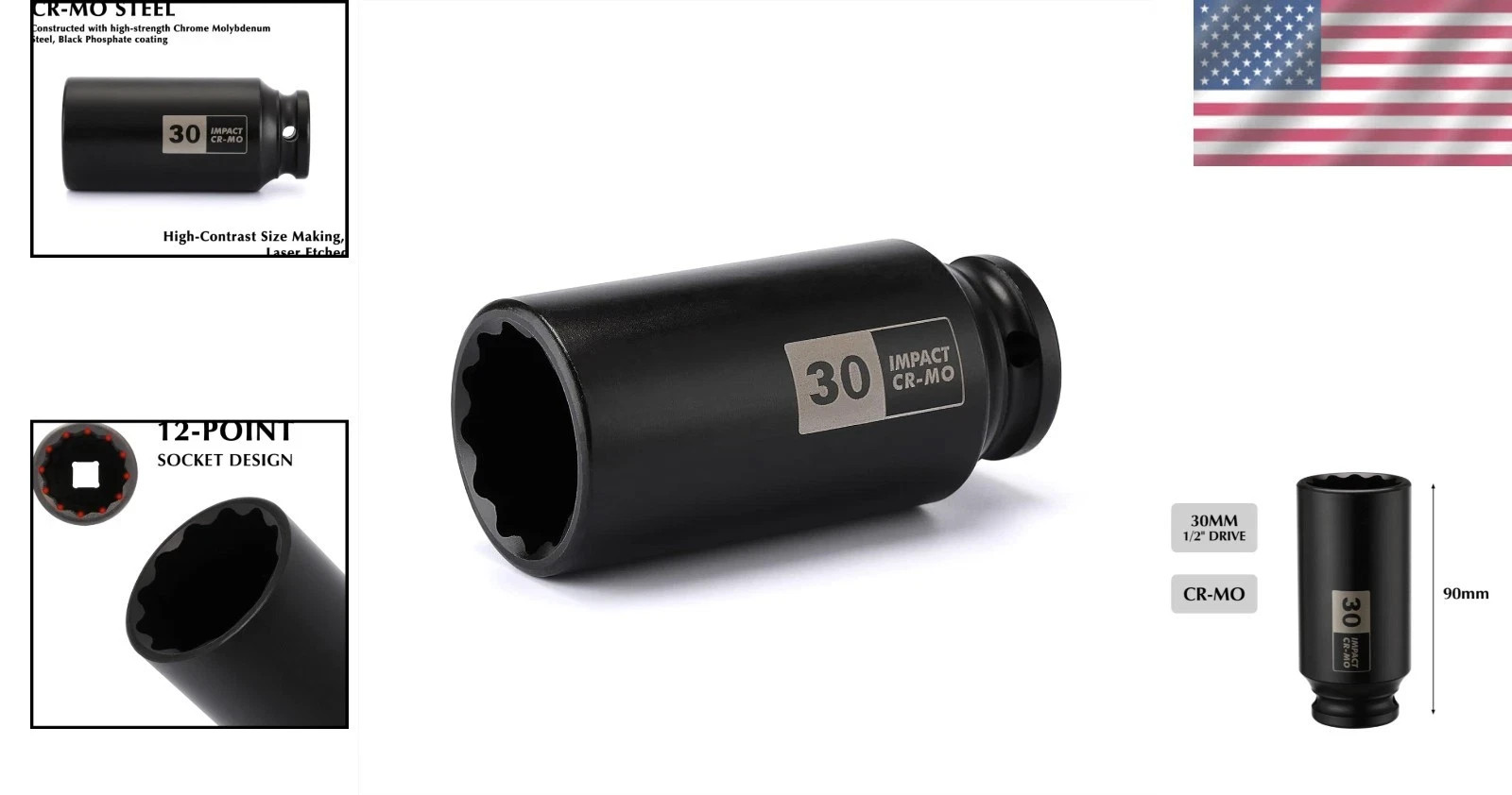 1/2 Inch Drive Deep Impact Socket 30mm Chrome Moly 12pt Metal Tool